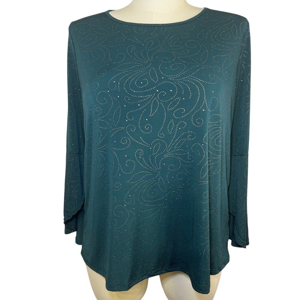 Amana Bell Sleeve Green And Gold Top Shirt Blouse Size 1X